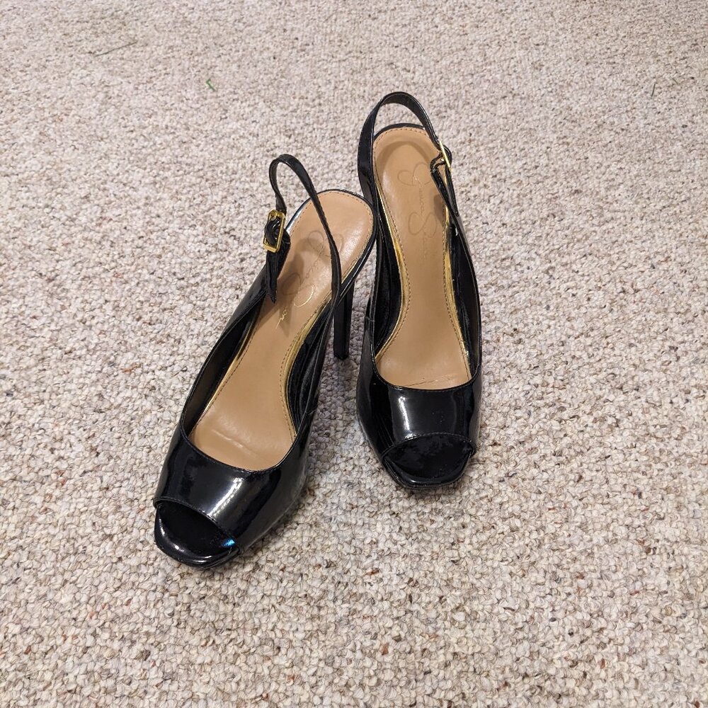 Jessica Simpson Black Patent Open Toed Slingbacks
